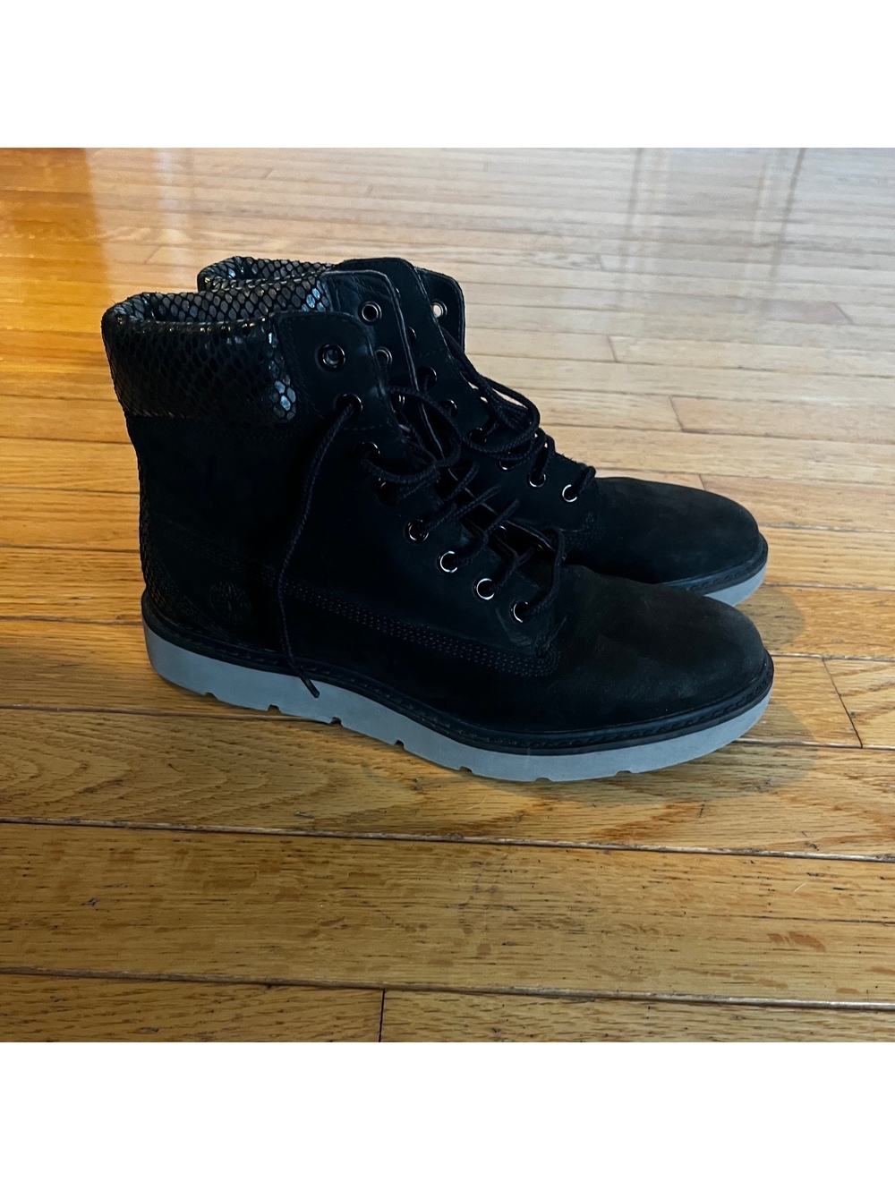 Timberland Black Suede and Snake Print Collar Boots - Picture 2 of 9